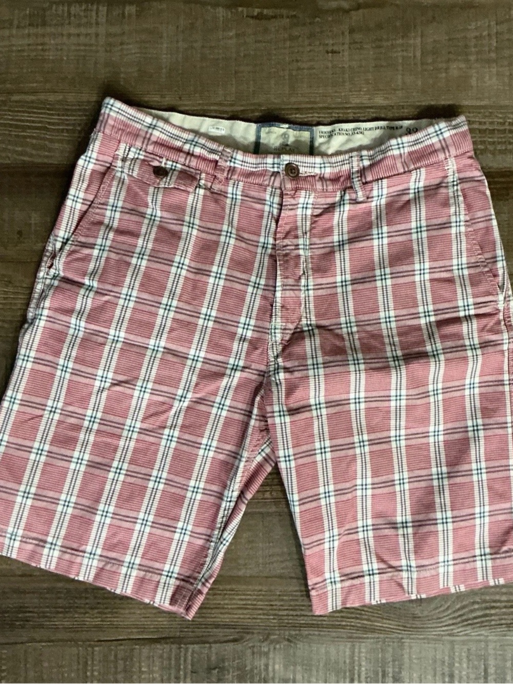 Replay Men's Red Plaid Chino Flat Front Shorts Light Cotton Size 33